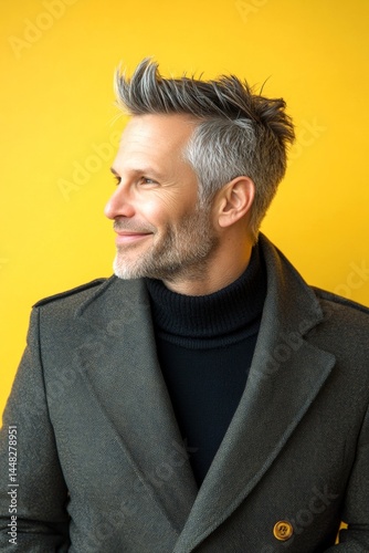 Obraz na płótnie Classy men's high fade haircut - midlife white man with hair. Concept pattern layout of style for aging men. Yellow solid background. A studio glamour portrait of a confident man. w salonie