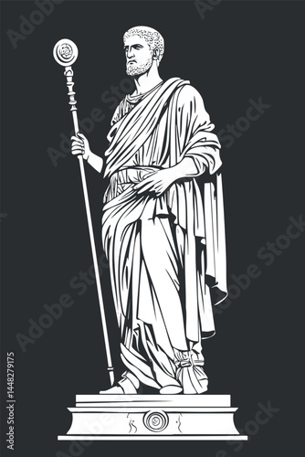 Black and white illustration of an ancient Roman statue of a man wearing a toga and holding a staff