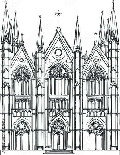 Detailed black and white illustration of a gothic cathedral facade with spires and religious symbols