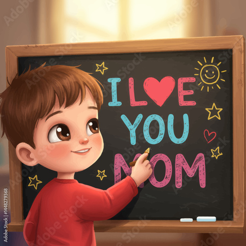 Adorable young boy writing "I Love You Mom" on a chalkboard, expressing affection and love