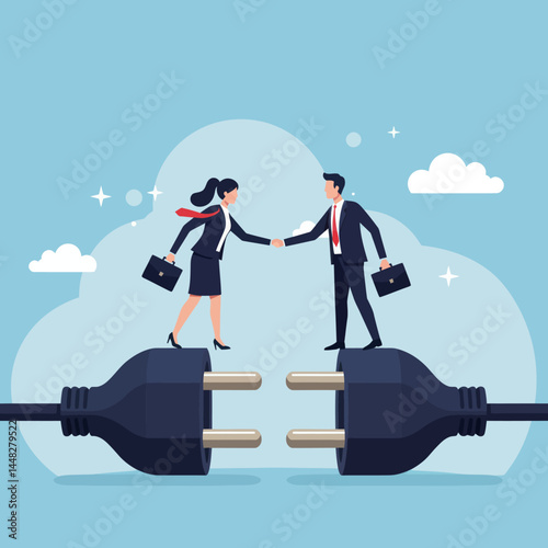 Business people shaking hands on a plug, symbolizing connection, partnership and agreement