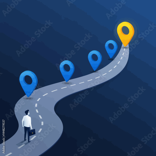 Business journey concept illustration of a man following a path towards a goal with milestones.