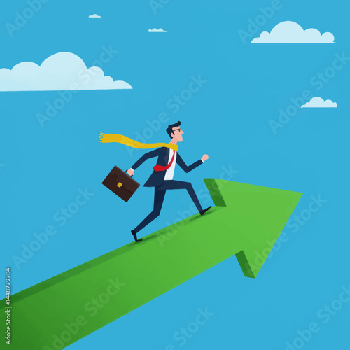 Businessman running up a green arrow towards success with blue sky and clouds background