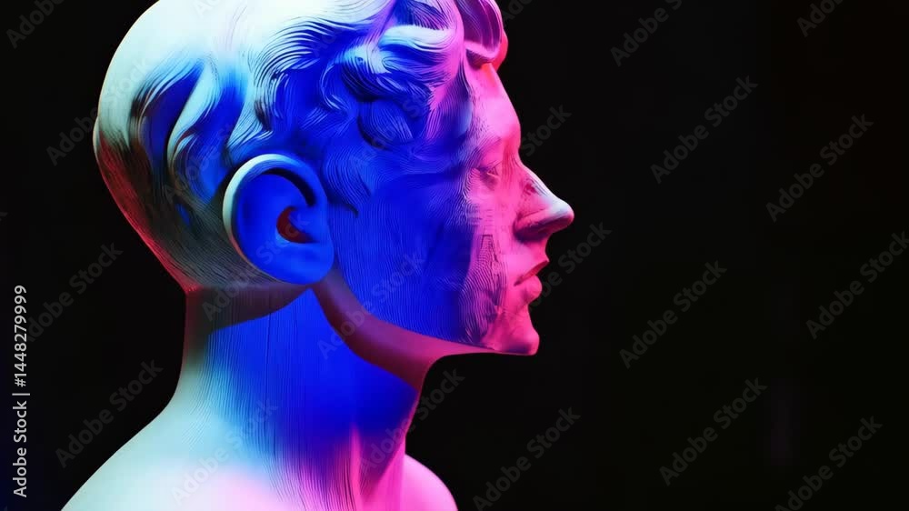 Bust sculpture digital rendering with pink and blue illumination on a dark background. Classic stone sculpture design with artificial intelligence. Bust sculpture digital rendering with pink and blue illumination on a dark background. Classic stone sculpture design with artificial intelligence.