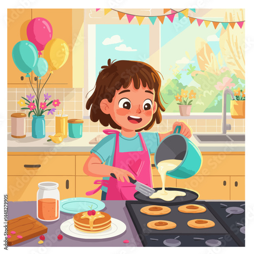 Cheerful young girl making pancakes in the kitchen for breakfast, a happy morning activity