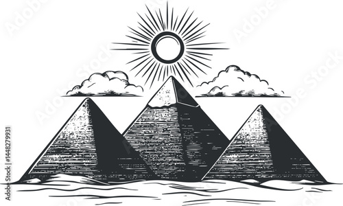 Black and white illustration of three ancient Egyptian pyramids under a sun with clouds in the desert landscape.