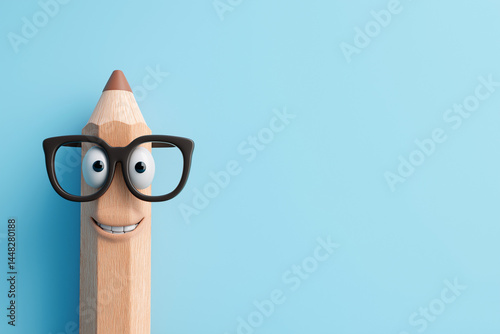 smiling pencil character with glasses on blue background