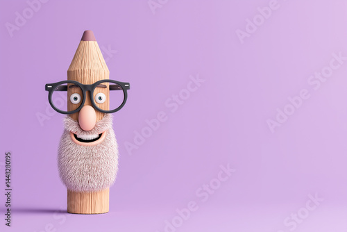 funny pencil character with beard and glasses on purple background
