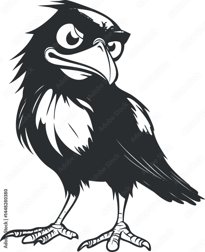 Fototapeta premium Black and white cartoon illustration of an angry bird with sharp beak and claws