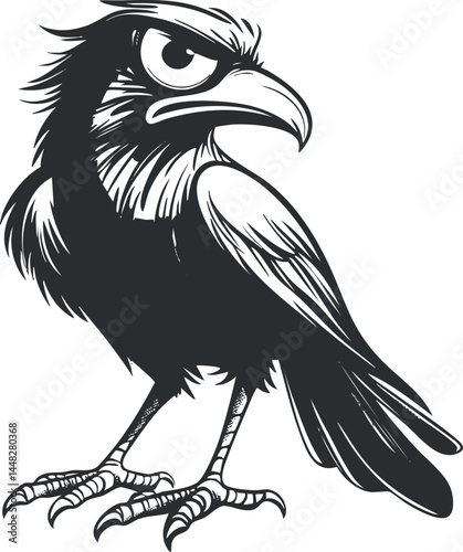Black and white stylized illustration of a fierce eagle with sharp claws and intense eyes