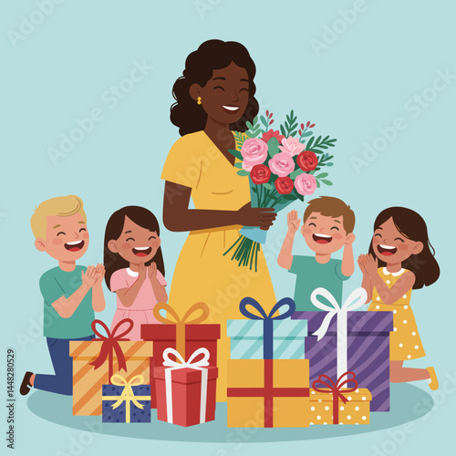 Happy teacher receiving gifts and flowers from cheerful children on a light blue background.