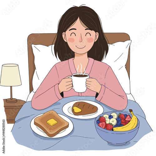 Happy woman enjoying breakfast in bed with coffee, toast, and a bowl of fresh fruit.