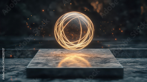 Glowing Sphere Floats Above a Marble Surface Illuminated by Soft Light