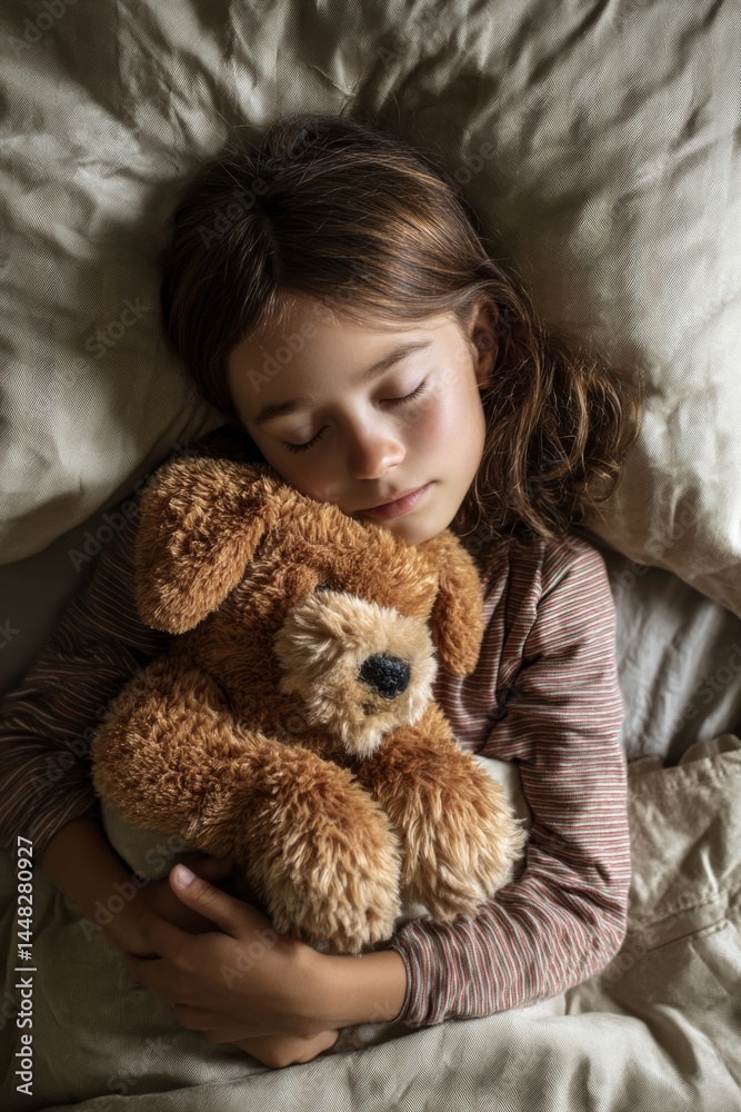 A young girl sleeps soundly, embracing a plush dog, creating a heartwarming scene of comfort. A young girl sleeps soundly, embracing a plush dog, creating a heartwarming scene of comfort.