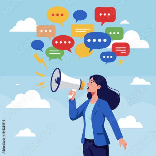 Woman speaking into a megaphone with speech bubbles representing communication and ideas.