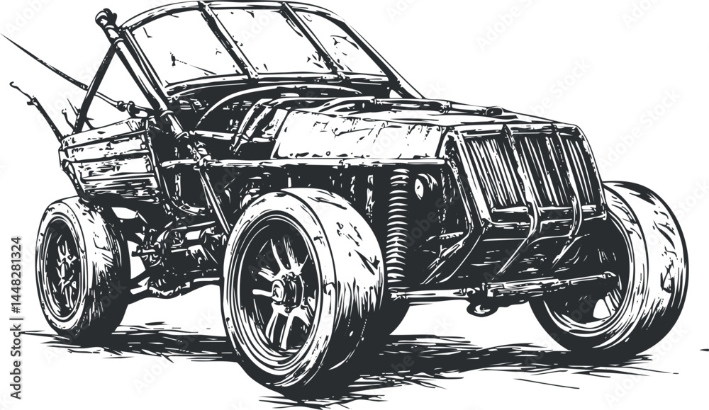 Fototapeta premium Black and white sketch illustration of an offroad buggy car with large wheels and exposed suspension