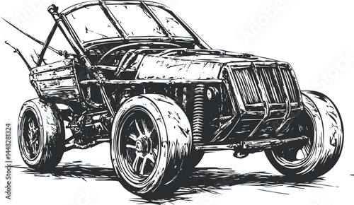 Black and white sketch illustration of an offroad buggy car with large wheels and exposed suspension