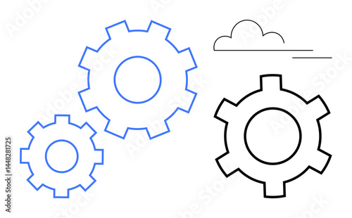 Three outlined gears in blue and black, with a simple cloud above. Ideal for teamwork, process optimization, industry, progress, innovation, technology, and a simple landing page