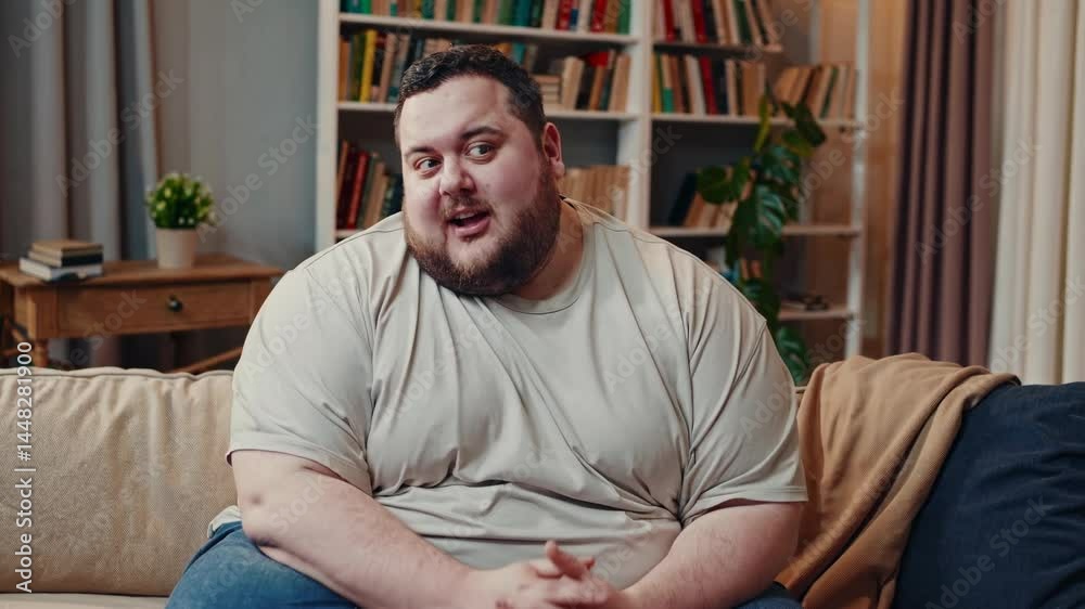 Casual video chat setting with a man on a sofa, mid-shot angle. Cozy living room with bookshelves and soft lighting in the background. Live desktop wallpaper. Casual video chat setting with a man on a sofa, mid-shot angle. Cozy living room with bookshelves and soft lighting in the background. Live desktop wallpaper.