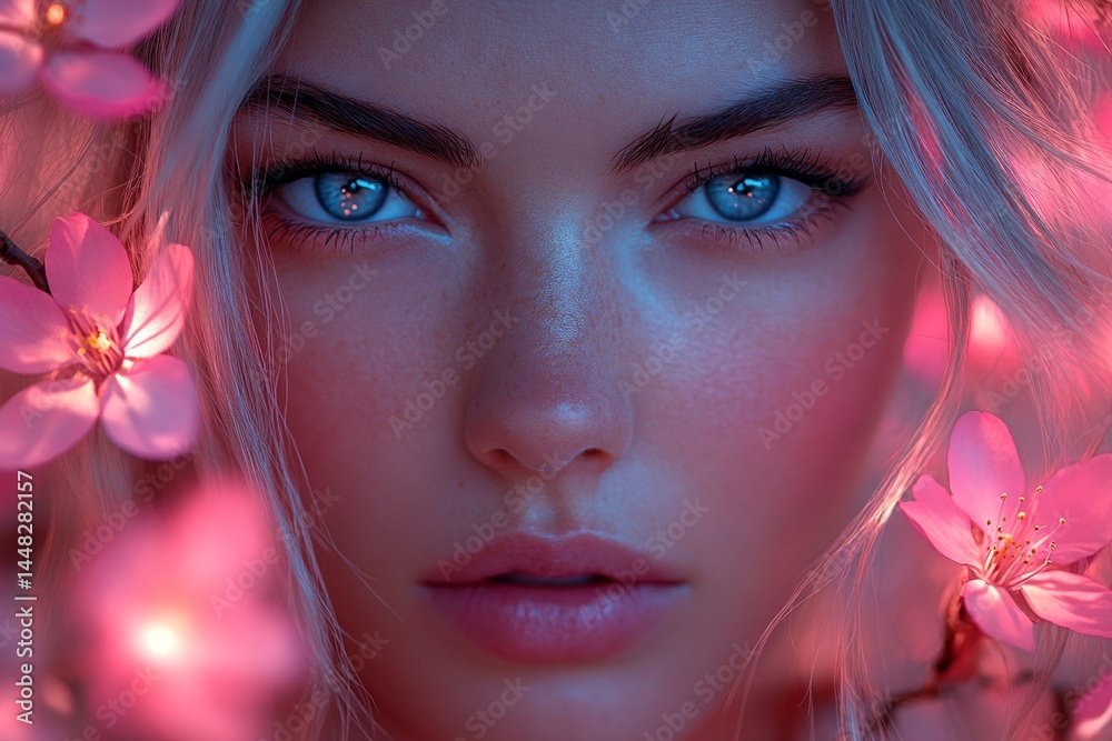 Commercial ad conceptual art. Pretty caucasian young woman surrounded by cherry blossoms. Spring mood, golden hour in sunset. Woman with vibrant blossoms for advertisement.