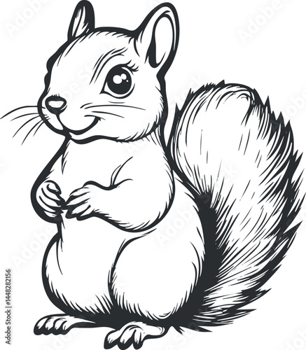 Cute black and white cartoon illustration of a fluffy squirrel with a bushy tail standing upright