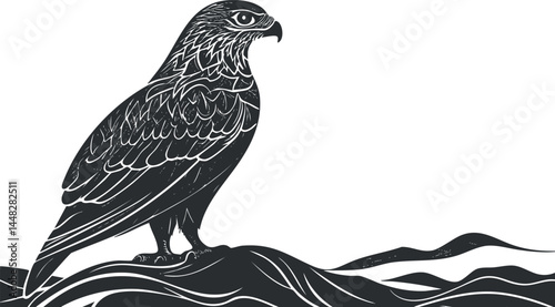 Black and white illustration of a hawk perched on a rock with a mountainous background