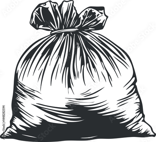 Black and white illustration of a tied garbage bag filled with waste for disposal or recycling