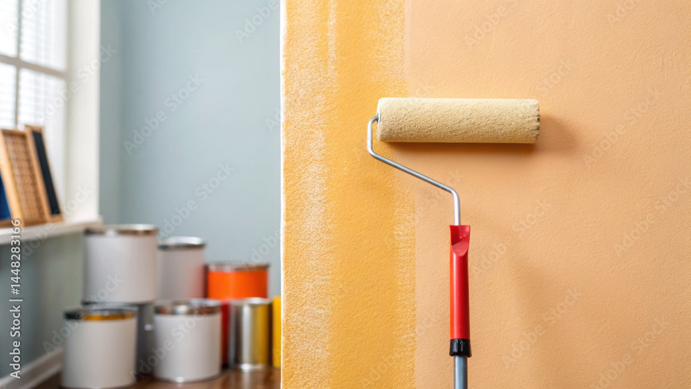 Obraz premium Painting wall with roller brush applying fresh orange paint indoors, home renovation and decoration concept with paint cans on floor near window