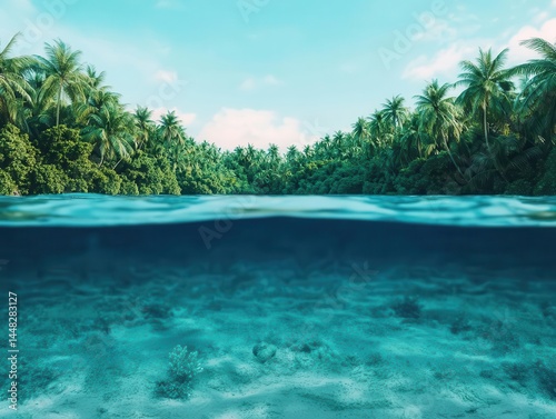 Hidden tropical lagoon, coral reef glowing under calm waves, lush jungle extending to the shore