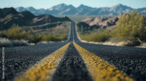 A straight stretch of highway in the Arizona desert with a double yellow line dividing lanes.