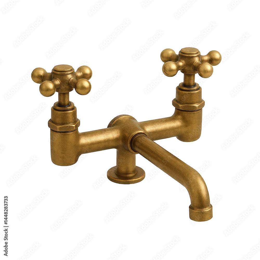 Detailed view of a classic aged brass bridge faucet featuring distinctive cross-shaped handles and a weathered finish. Detailed view of a classic aged brass bridge faucet featuring distinctive cross-shaped handles and a weathered finish.