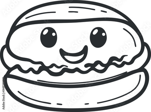 Black and white cartoon illustration of a happy smiling burger with a cute face and lettuce