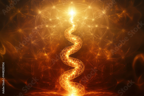 Glowing Coiled Structure Radiating Light Against an Abstract Background of Vibrant Energy