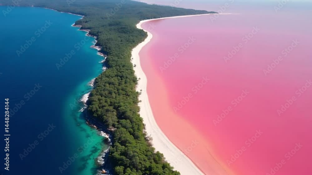 Aerial view of narrow forested peninsula separating deep blue ocean from pink lake, captured in daylight with high-resolution drone camera. Concepts: aerial view, contrast, coastline, nature