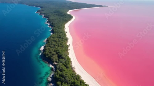 Aerial view of narrow forested peninsula separating deep blue ocean from pink lake, captured in daylight with high-resolution drone camera. Concepts: aerial view, contrast, coastline, nature
