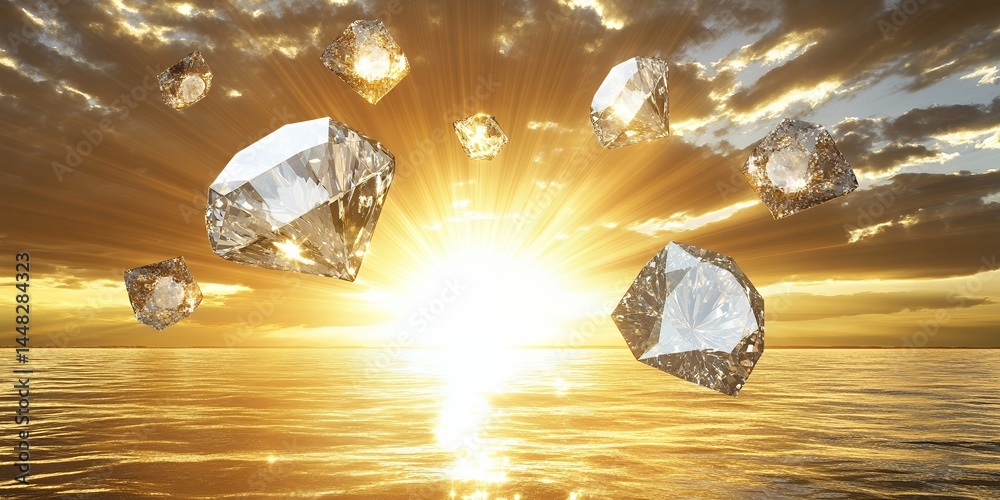 Obraz premium Sparkling Diamonds Gleaming at Sunset Over Calm Ocean Water A breathtaking image of precious gems floating over a tranquil sea during a vibrant golden sunset Perfect for luxury and wealth concepts