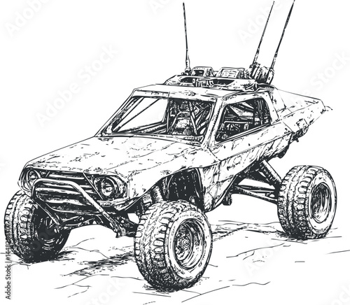 Black and white sketch of an offroad buggy vehicle with large tires driving on sand terrain
