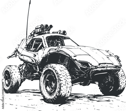 Black and white sketch of an offroad buggy vehicle with large tires for rugged terrain driving.
