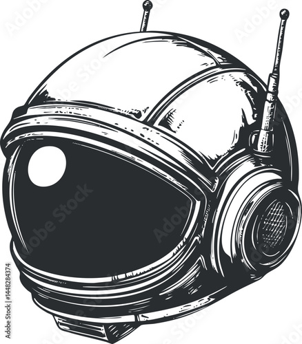 Black and white detailed illustration of a futuristic astronaut helmet with antennas and visor