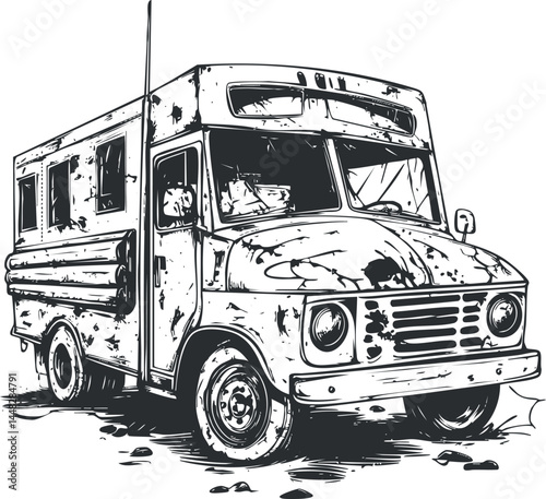 Black and white sketch of an old, rusty van showing a vintage vehicle with grunge details.