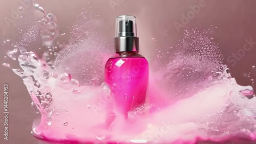 A bottle of perfume is sitting on a pink surface with water droplets around it. The bottle is pink and has a clear top. The water droplets around the bottle give the impression of a splash or spill