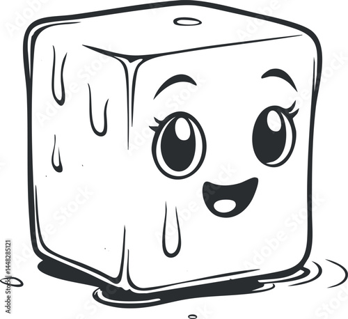 A cute melting ice cube cartoon character with a happy face and dripping water drops.