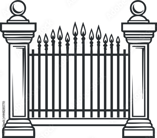 Black and white illustration of an ornate iron gate with two large decorative columns on each side