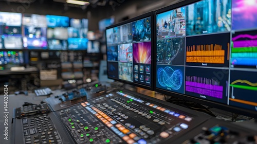High-Tech Studio Control Room with features of video editing software for seamless post-production	