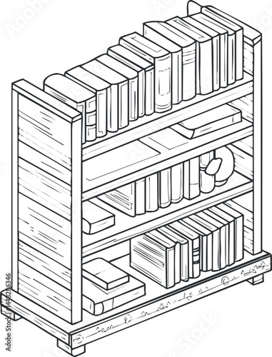 Black and white line drawing of a wooden bookshelf filled with books and storage items for home or office use