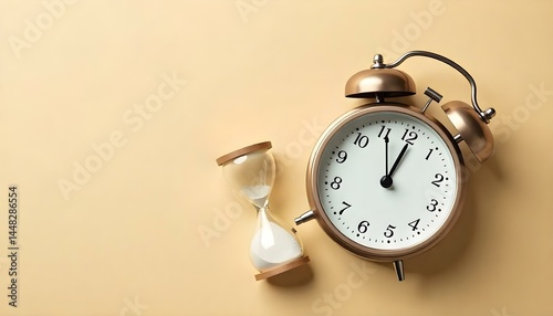 Wallpaper Mural top view of classic alarm clocks and hourglass on beige background Torontodigital.ca