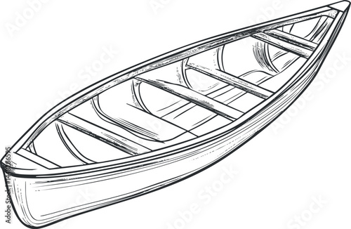 Hand drawn sketch of an empty wooden canoe boat with detailed outline, designed for water travel and outdoor recreation.