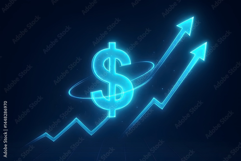 Vibrant neon financial dollar icon encircled by orbit lines with upward trend arrows, illustrating futuristic economic growth, digital market analytics, and strategic investment. Vibrant neon financial dollar icon encircled by orbit lines with upward trend arrows, illustrating futuristic economic growth, digital market analytics, and strategic investment.