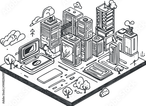 Isometric black and white line drawing of a cityscape with skyscrapers and a laptop representing technology and urban life