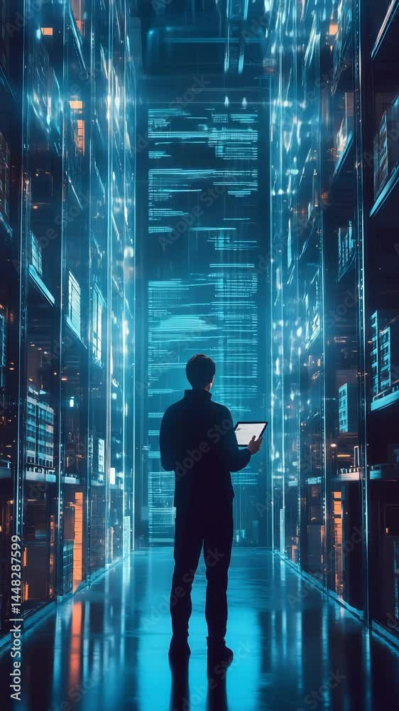 A man stands in a high tech storage setting surrounded by glowing data and shelves while analyzing information on a tablet